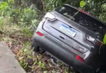 Carro sai da pista após motorista ser fechado durante curva e fica entre árvores em Manaus