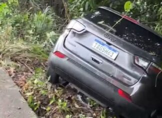 Carro sai da pista após motorista ser fechado durante curva e fica entre árvores em Manaus