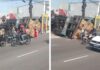 Carreta carregada tomba após motorista perder o controle na Grande Circular, em Manaus