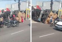 Carreta carregada tomba após motorista perder o controle na Grande Circular, em Manaus