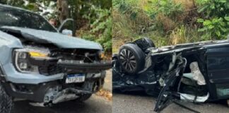 Motorista fica preso às ferragens após avançar cruzamento, bater em picape e capotar em Manaus