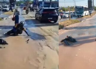 Descaso! Cratera alagada ‘engole’ motociclista e passageira durante acidente em Manaus