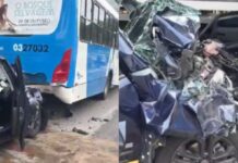 Mulher fica ferida após bater Jeep contra ônibus na avenida Constantino Nery